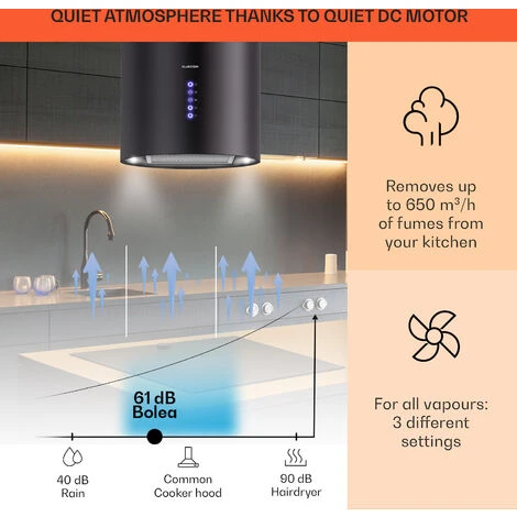 Klarstein Klarstein Beretta Island Cooker Extractor Hood Ø35cm Exhaust / Circulating Air 650m³ / H LED Black - Image 3