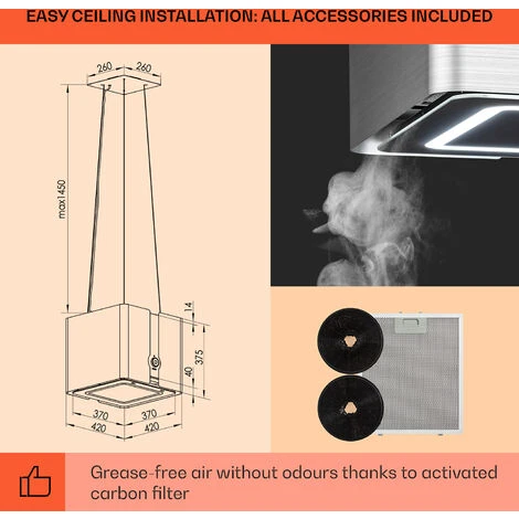 Klarstein Futurelight Smart Island Bonnet Recirculation 420m³/h LED Stainless Steel - Image 5