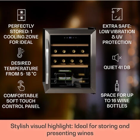 Klarstein Vinamour 16 Uno Wine Fridge 16 Bottles/42 Litres 5-18°C 41dB Glass - Image 2