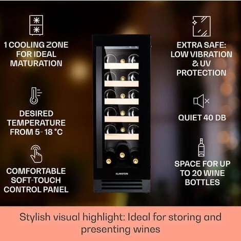 Klarstein Vinovilla 20 Built-In Wine Fridge 50l / 20 Bottles Glass Door Stainless Steel - Image 2