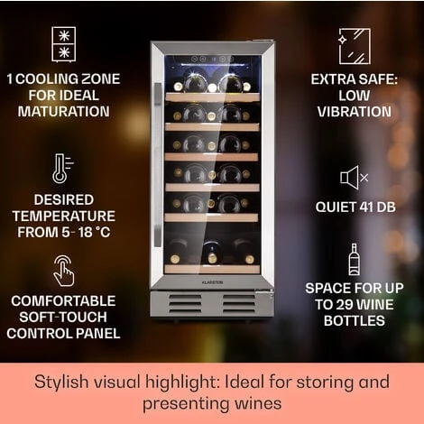 Klarstein Vinovilla 29 Built-In Wine Fridge 81 L / 29 Bottles 1 Zone Glass Door Stainless Steel - Image 2