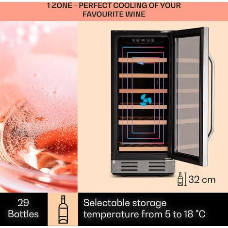 Klarstein Vinovilla 29 Built-In Wine Fridge 81 L / 29 Bottles 1 Zone Glass Door Stainless Steel - Image 3