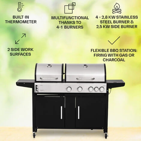 Klarstein Kingsville 4.1 Combo Grill Gas + Coal 13.7 KW 4+1 Burners Height Adjustable - Image 2