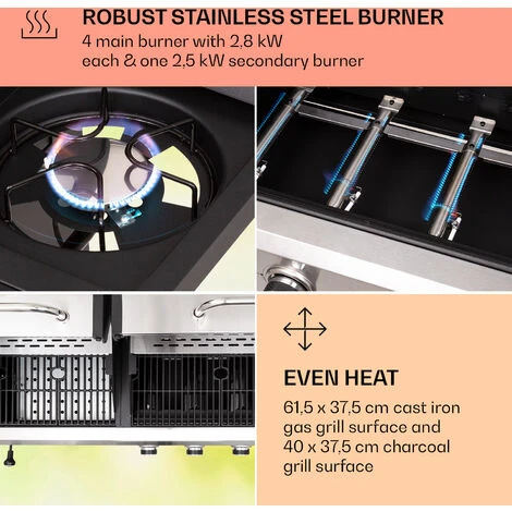 Klarstein Kingsville 4.1 Combo Grill Gas + Coal 13.7 KW 4+1 Burners Height Adjustable - Image 5