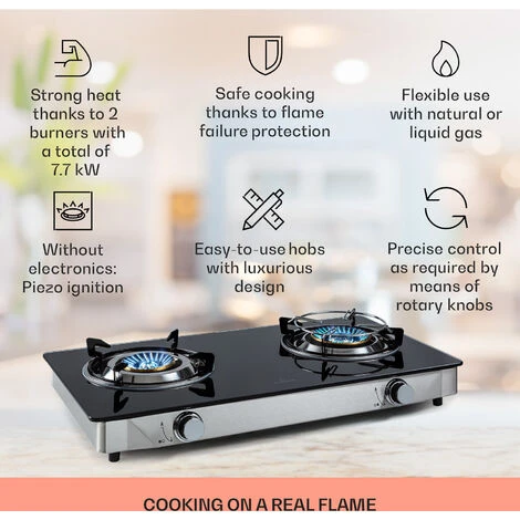 Klarstein Barzona 2 Camping Stove 2 Burners 3.4 KW & 4.3 KW Glass Top & Stainless Steel Housing - Image 2