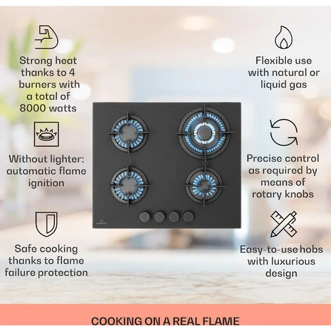 Klarstein Firetale Gas Hob 4-Burner 60 Cm Aluminium Burner Natural Gas/Propane Incl. Hose And Pressure Reducer - Image 2
