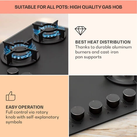 Klarstein Firetale Gas Hob 4-Burner 60 Cm Aluminium Burner Natural Gas/Propane Incl. Hose And Pressure Reducer - Image 4